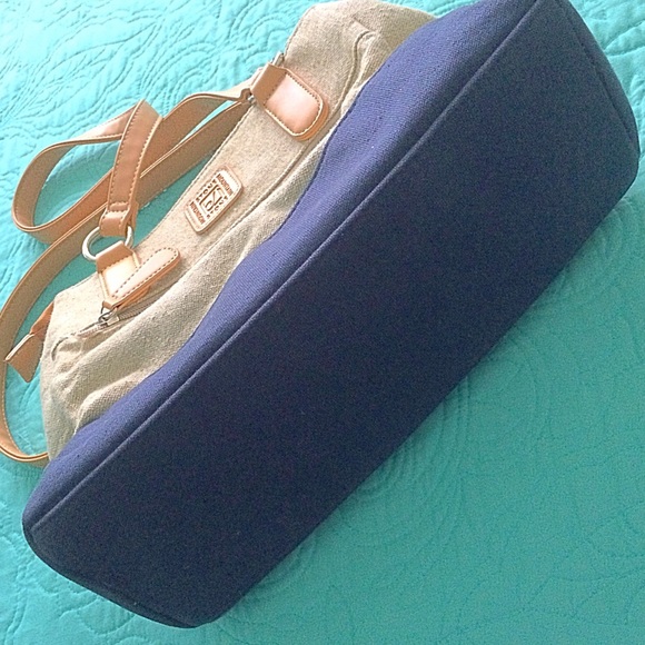 Stone Mountain Navy Beige Canvas Faux Leather Bag - Picture 5 of 8